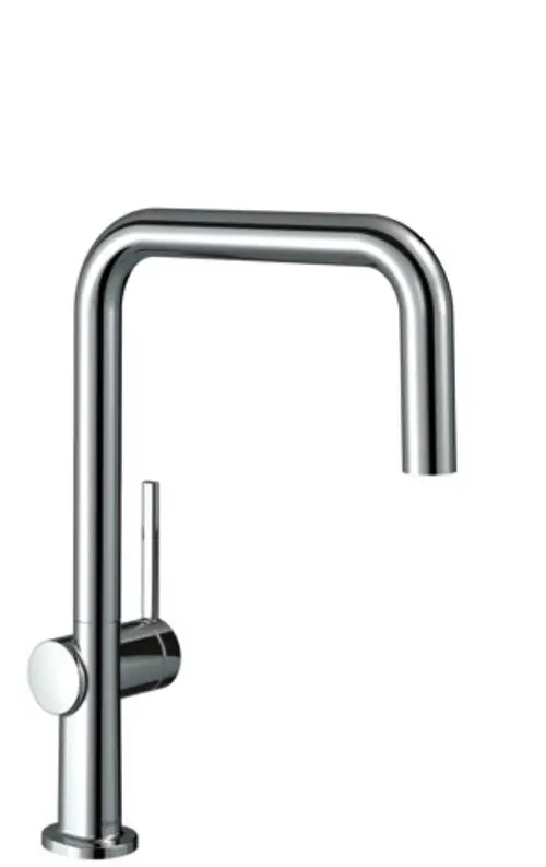 Küchenarmatur von Hansgrohe mit einem hohen, gebogenen Auslauf und einem Bedienhebel an der Vorderseite. Verchromte Oberfläche.